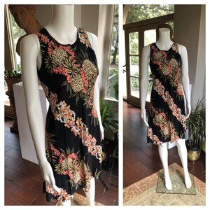 Hilo Hattie Black Tropical Floral A-Line Dress with Coral and Cream accents.
